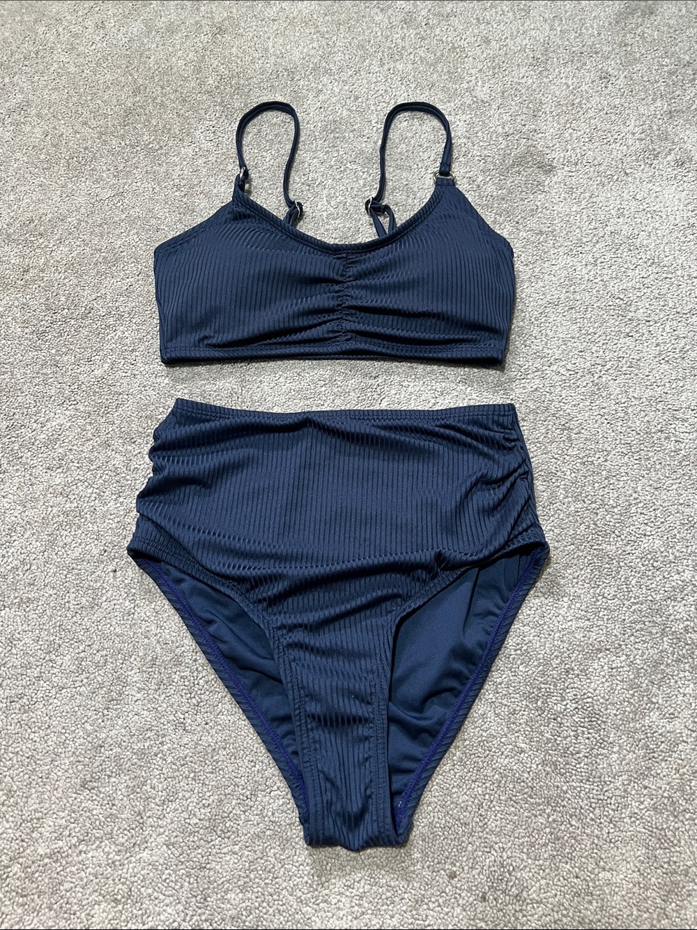 NWT Navy Ribbed Bikini Set High Waisted Bottoms Size XS